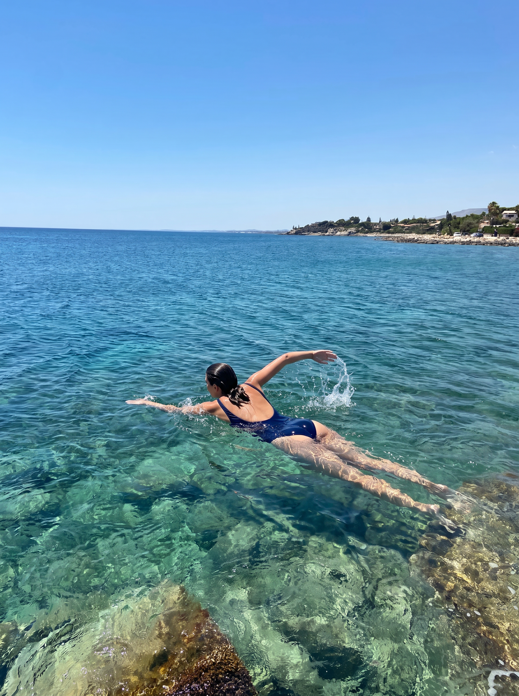 Nuotata nell'acqua turchese davanti a Villa Pomelia, Fontane Bianche