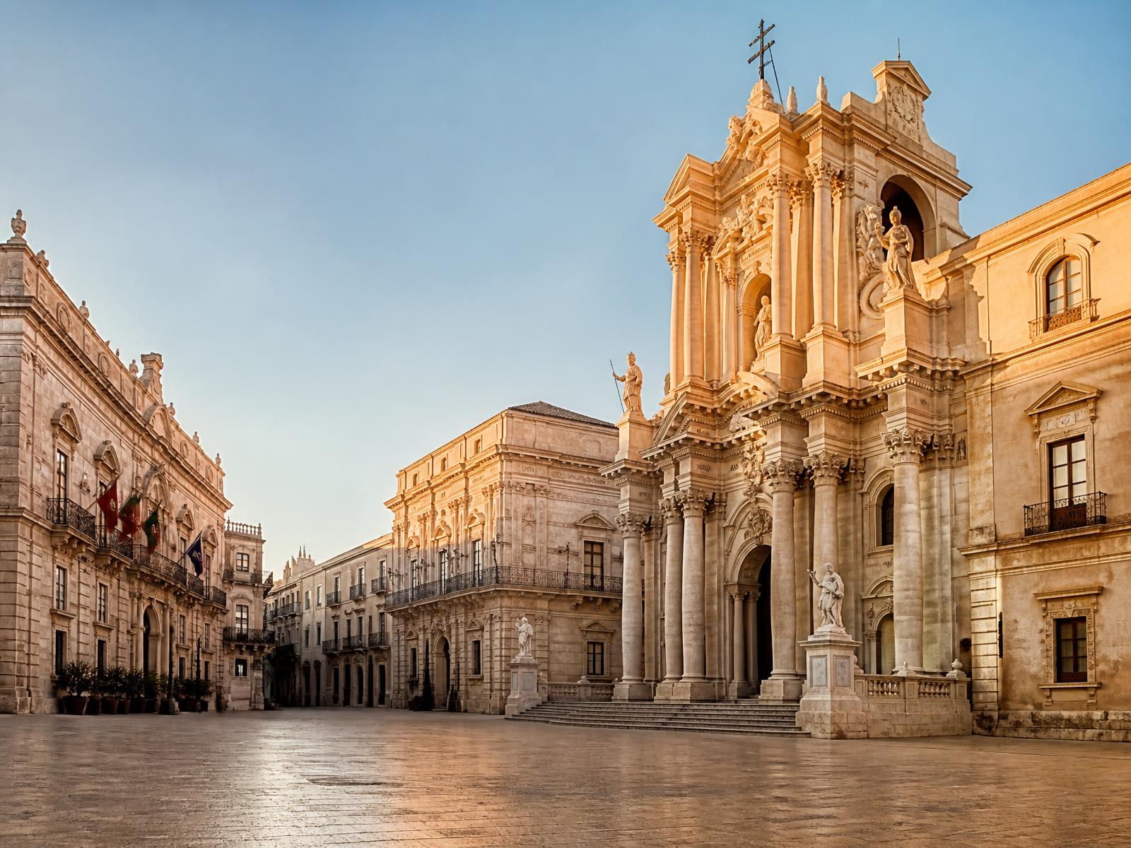 Piazza Duomo a Ortigia, Siracusa, con la facciata barocca della cattedrale