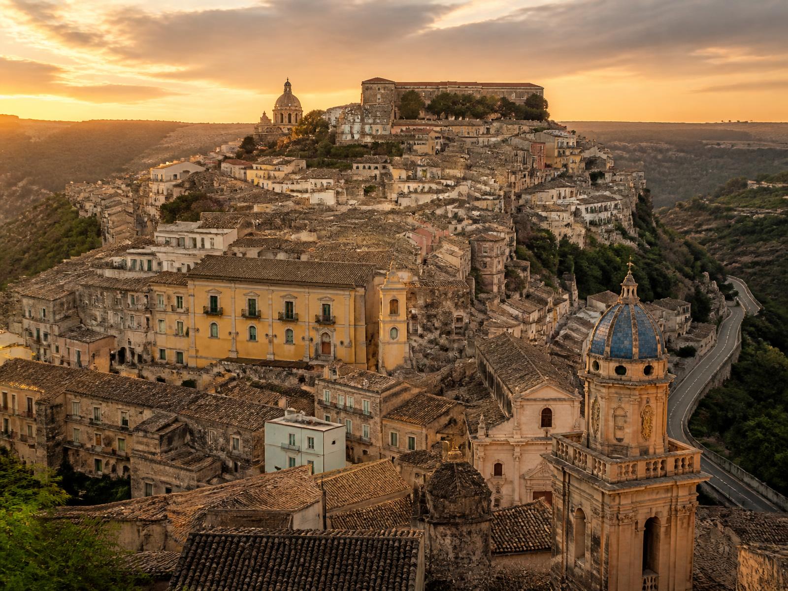 Panorama di Ragusa Ibla al tramonto con la cupola di San Giorgio
