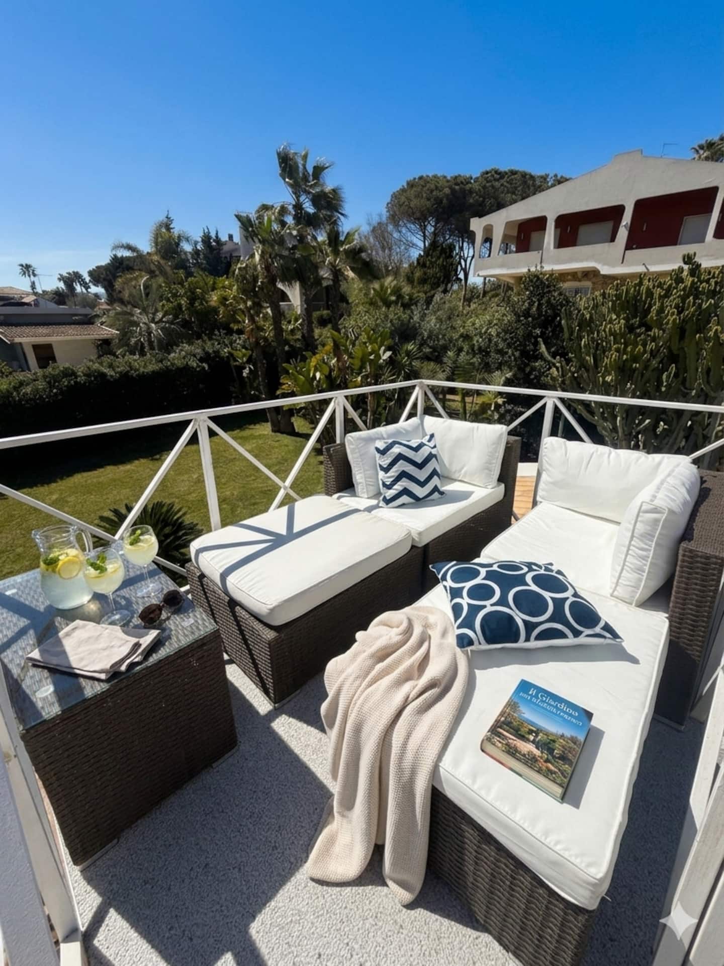 Terrazza sul tetto con divani e vista sul mare