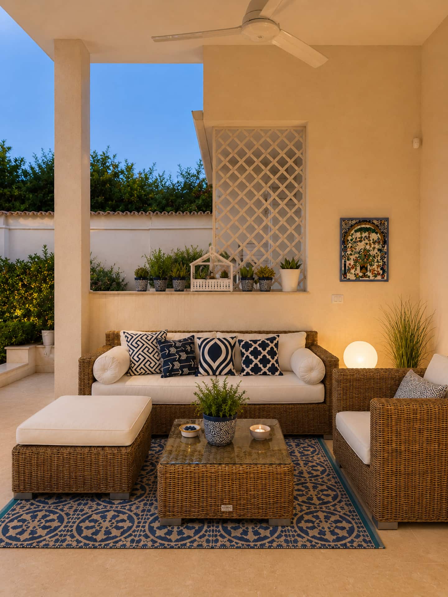 Veranda illuminata al tramonto, salotto all'aperto